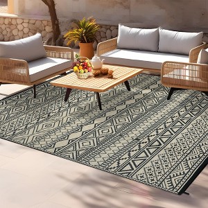 Outdoor Rug Waterproof Patio Rug Mat Geometric Rug Plastic Straw Outside Rug for RV Camping Picnic Reversible Rug, 5' x 8' Beige Brown - 1 of 4