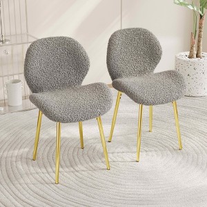 MAYEERTY Modern Minimalist Green Teddy Velvet Dining Chairs Set of 2 with Sturdy Gold Metal Legs Backrest for Kitchen Restaurants Office Gray - 1 of 4