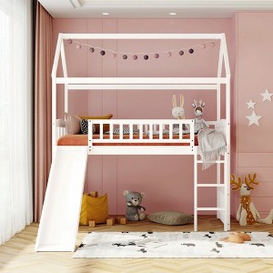 Luxystar Kids Playhouse Loft Bed with Slide & Play Area Underneath, Twin Size Solid Wood Low Bunk Bed for Children - 1 of 4