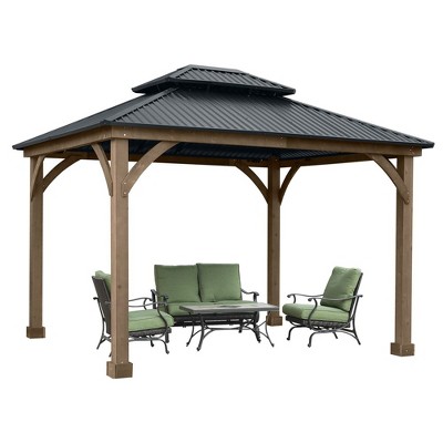 Aoodor 12 x 10 ft. Outdoor Solid Wooden Frame Gazebo with 2-Tier Hardtop Roof, for Patio Backyard Deck and Lawns