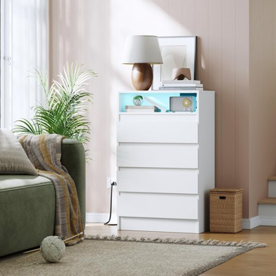 4 Drawer Dresser, White LED Dresser with Charging Station, Anchors to Wall, 6-Color Adjustable Light Strip