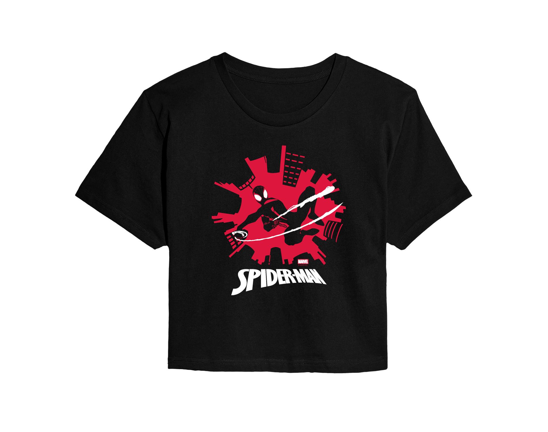 Women's Marvel Spider-Man Miles Skyline Cropped Graphic T-Shirt - Black - X-Large