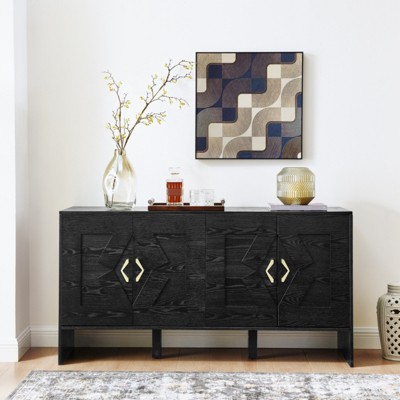 BEAFUP 60" Mid Century Modern Sideboard Buffet Cabinet with Storage, TV Media Console with Geometric Pattern & Adjustable Shelves for Kitchen