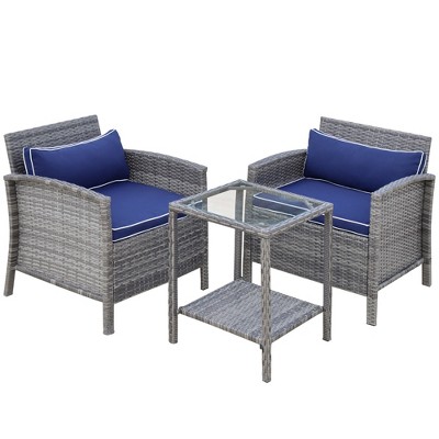 Outsunny 3 Piece Patio Furniture Set w/ Cushions, PE Rattan Wicker Outdoor Table And Chairs Conversation Set w/ 2-Tier Glass Top Coffee Table, Blue