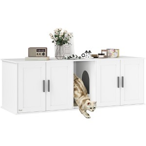 PawHut Cat Litter Box Enclosure for 2 Cats, Cat Washroom Furniture with Double Room, Scratching Mat, 57" x 19" x 20", White - 1 of 4