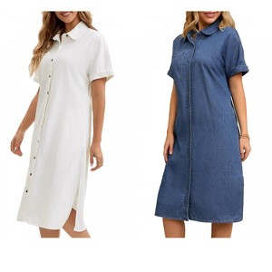 INSPIRE CHIC Women's Midi Denim Summer Short Sleeve Button Down Casual Long Tunic Jean Shirt Dress 2 Packs - 1 of 4