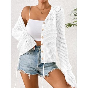 Women's Summer Crochet Lightweight Cardigan Button Down Hollow Out Long Sleeve Bolero Shrug Cardigan - 1 of 4