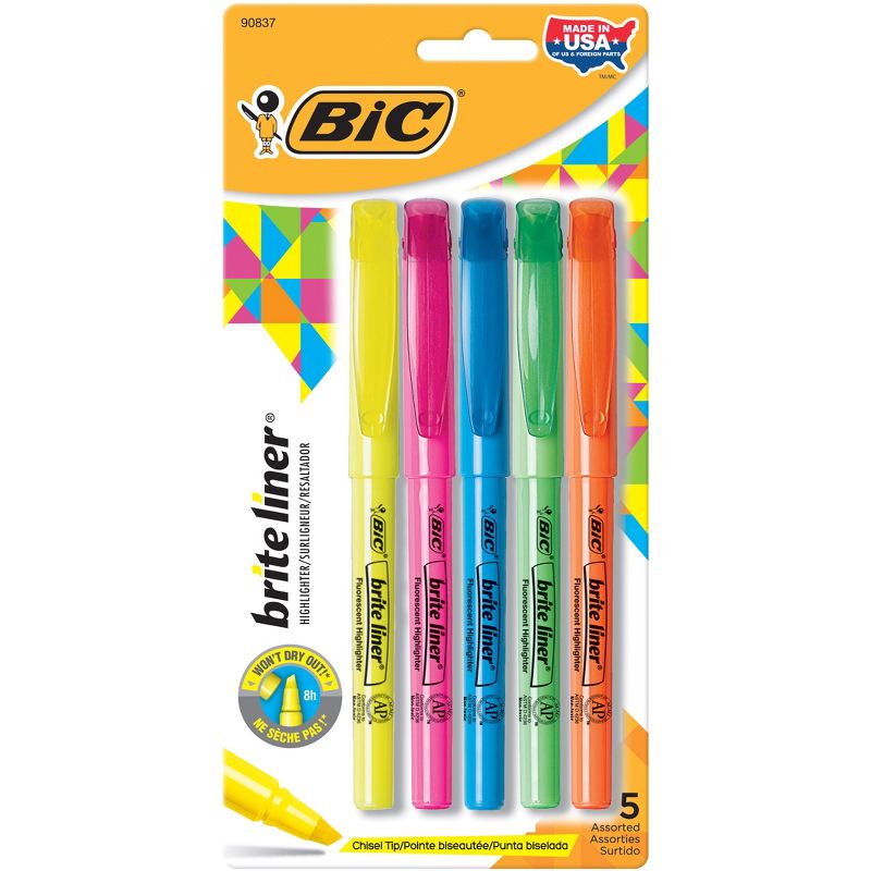 BIC® Brite Liner® Highlighters, Chisel Tip, Assorted Colors, 5 Per Pack, 6 Packs, 2 of 5
