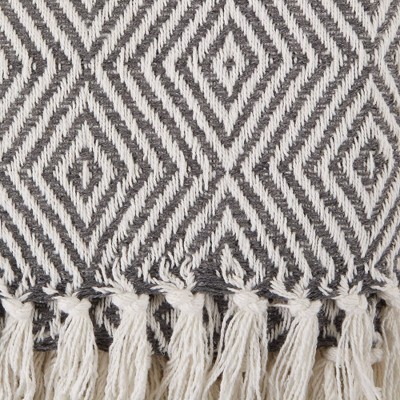 Gray and White Cotton Geometric Throw Blanket with Fringe
