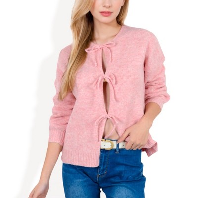 Anna-Kaci Women's Tie Front Knit Cardigan with Long Sleeves and Open Front Design