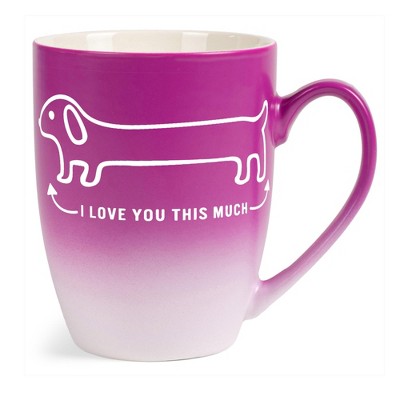 Elanze Designs Witty Pet Lover Coffee Cup Mug 12 Ounce Ceramic With Ombre Gradient Love You This Much Weiner Dog Pink and White