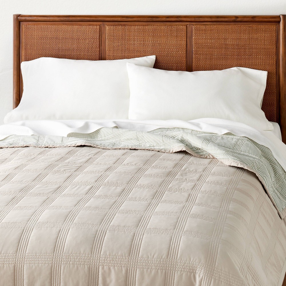 Photos - Bed Linen King Grid Stitched Quilt Taupe/Green/Cream - Hearth & Hand™ with Magnolia