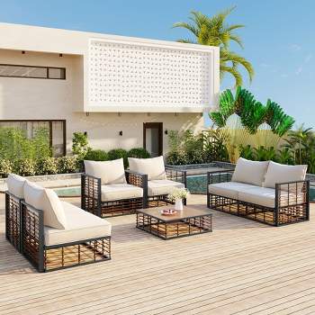 7pc Metal Patio Sectional Sofa Set, Outdoor Rattan Conversational Furniture Set with Cushions and Coffee Table 4A -ModernLuxe