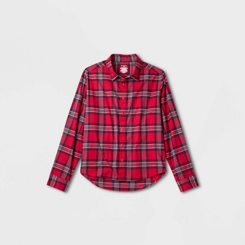 Red plaid button down hot sale shirt