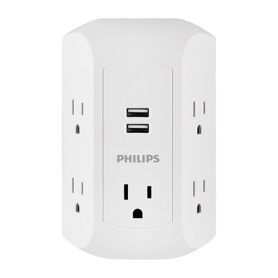 Philips 5-outlet Grounded Tap 2 Usb Ports 2.4a Adapter Spaced