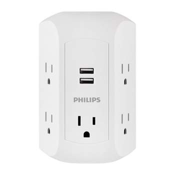 Philips 5-Outlet Grounded Tap 2 USB Ports 2.4A Adapter Spaced Outlets 560J - White Turtle