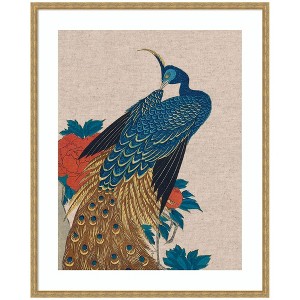 Kate and Laurel Framed Art Peacock and Peonies 1840 Utagawa Hiroshige Neutral Linen by The Art Institute of Chicago, 34x42, Mila Dark Gold - 1 of 4