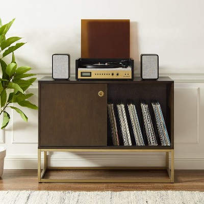 Byron Dark Brown and Gold Media Console with Vinyl Storage