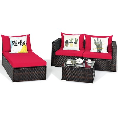 5-Piece Red Cushioned Rattan Patio Furniture Set with Ottoman