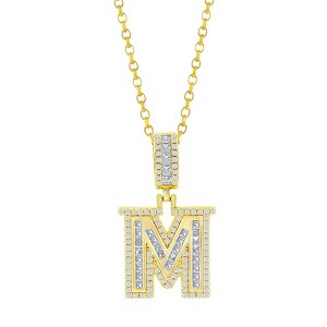 Bella Silver Sterling Silver 'M' Baguette CZ Initial 18" Pendant Necklace  - Gold Plated - Gold - 1 of 2