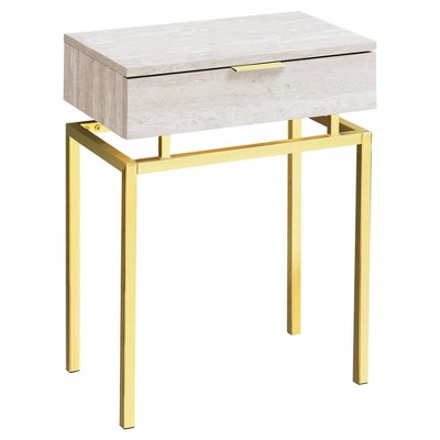 Monarch Specialties Accent Table Side End Nightstand Lamp Storage Drawer Living Room Bedroom Metal Laminate Beige Marble Look Gold Contemporary Modern