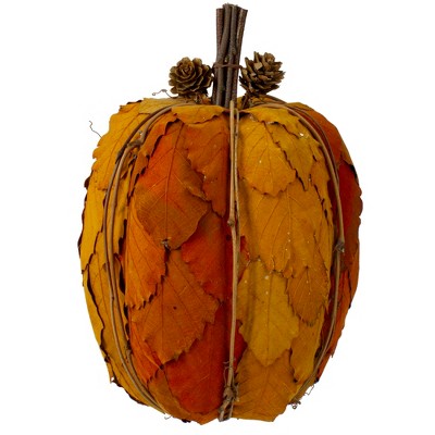 Northlight Fall Harvest Pumpkin with Layered Leaves and Pinecones - 9.75" - Orange and Brown