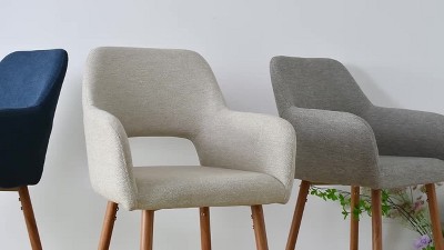Gray Linen Upholstered Counter Height Bar Stools with Oak Legs, Set of 2
