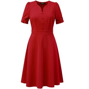 INSPIRE CHIC Women's Elegant V Neck Puff Short Sleeve Work Office Flared Dresses - 1 of 4