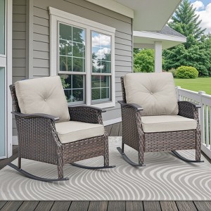 Buenhomino Patio Furniture Set 3 Pieces, Wicker Rocking Bistro Set with Thick Cushions, Outdoor Rocker Chairs and Coffee Table for Porch, Backyard - 1 of 4