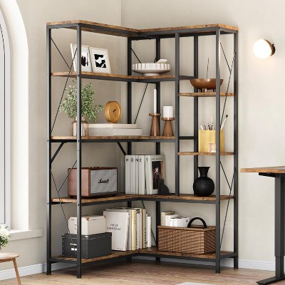 Homhougo Bookshelf Corner Bookcase Large Industrial Standing Bookshelves Metal Frame 5 Tier Tall Display Racks Rustic Book Shelf, Brown