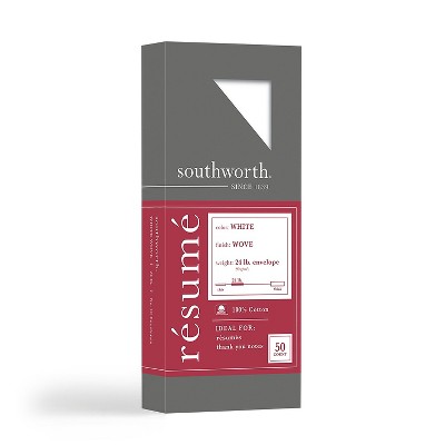 Southworth 100% Cotton #10 Resume Envelope 4 1/8 x 9 1/2 White 24lb Wove 50/Box R1410L