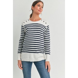 Hello Miz Women's Striped Button Shoulder Maternity Nursing Sweater - 1 of 4