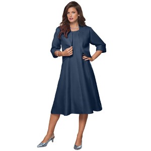 Roaman's Petite Plus Size Elbow Sleeve Fit-And-Flare Dress With Bolero Jacket – 2-Piece Suit - 1 of 4