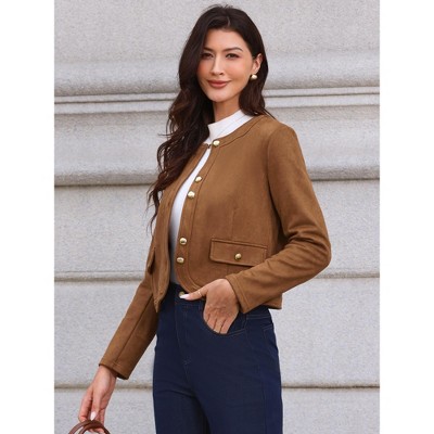 INSPIRE CHIC Women's Crew Neck Long Sleeves Button Down Vintage Jackets Brown Medium — фото 4
