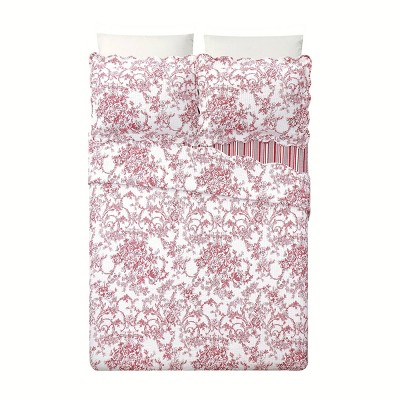 Red Full/Queen Cotton Reversible Quilt Set with Floral Print