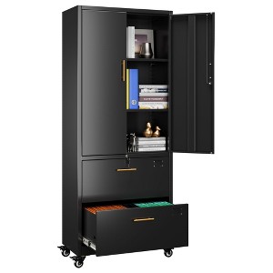AOBABO 2-shelf And 2-drawer File Cabinet With Lock And Wheels, Metal File Cabinet, Modern Freestanding Cabinets, Bookshelves, Assembly Required - 1 of 4