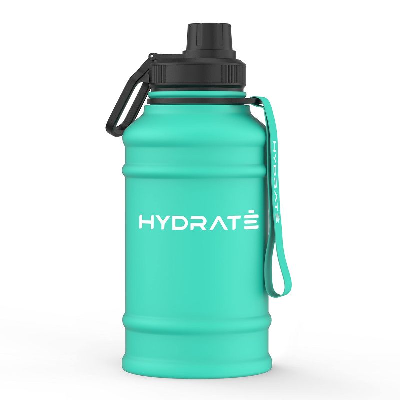HYDRATE 1.3L Stainless Steel Water Bottle with Nylon Carrying Strap and Leak-Proof Screw Cap, Carbon Black, 1 of 5