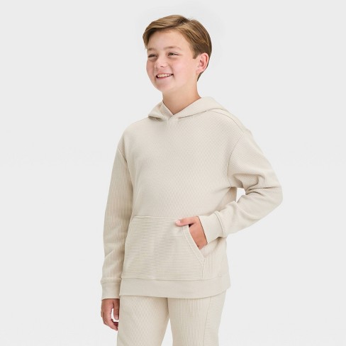 Boys Flatback Ribbed Hoodie Pullover Sweatshirt Cat Jack Beige XS