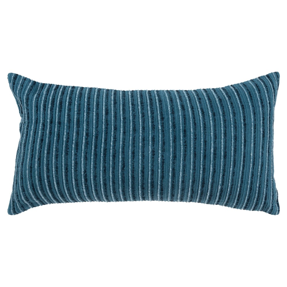 14"x26" Oversized Solid Striped Poly Filled Lumbar Throw Pillow Teal Blue - Rizzy Home: Textured, Cotton Canvas, Indoor Decor