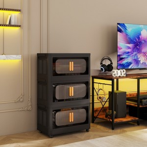 ORRD Black 3-Tier Folding Storage Cabinet with Wheels, Collapsible Plastic Storage Bin with Magnetic Door - 1 of 4