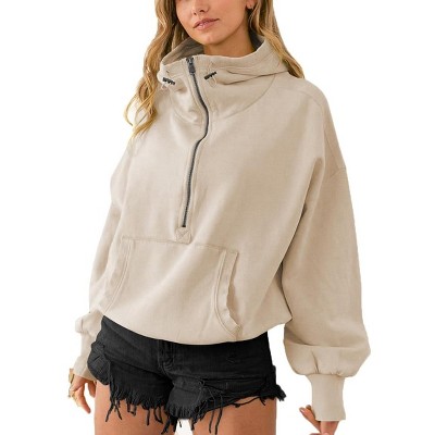 High Neck Hoodies for Women Oversized Half Zip Drawstring Pullover Sweater Casual Long Sleeve Sweatshirt with Pockets