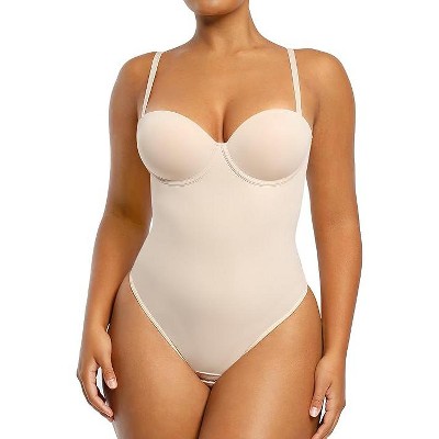 SHAPELLX Tummy Control Shapewear Bodysuit for Women Body Shaper Removable Straps Low Back Shapewear with Built-in Bra—Beige 38