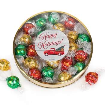 Christmas Candy Gift Tin with Chocolate Lindor Truffles by Lindt Large Plastic Tin with Sticker By Just Candy - Vintage Red Truck