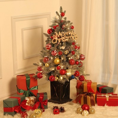 Homhougo 3FT Snow Flocked Mini Christmas Tree with Red Berries and Arc Brown Base, Great for Office or Porch Decor