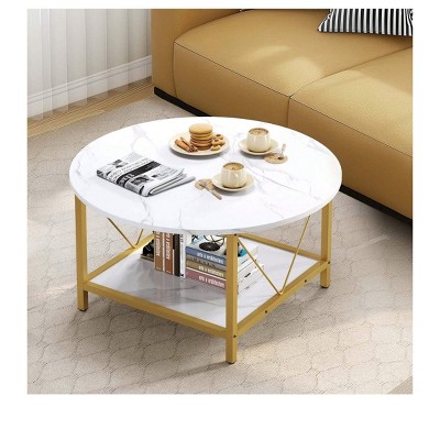 2-Tier Modern Round Coffee Table With Storage Open Shelf Wood Center Coffee For Home Office Living Room White