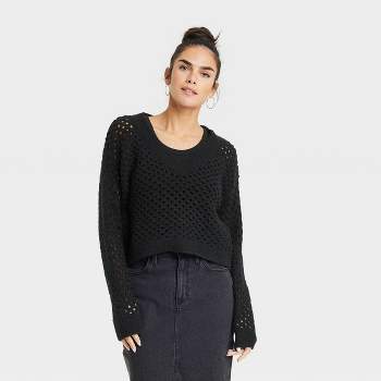 Women's V-Neck Open Work Pullover Sweater - Universal Thread™ Black L