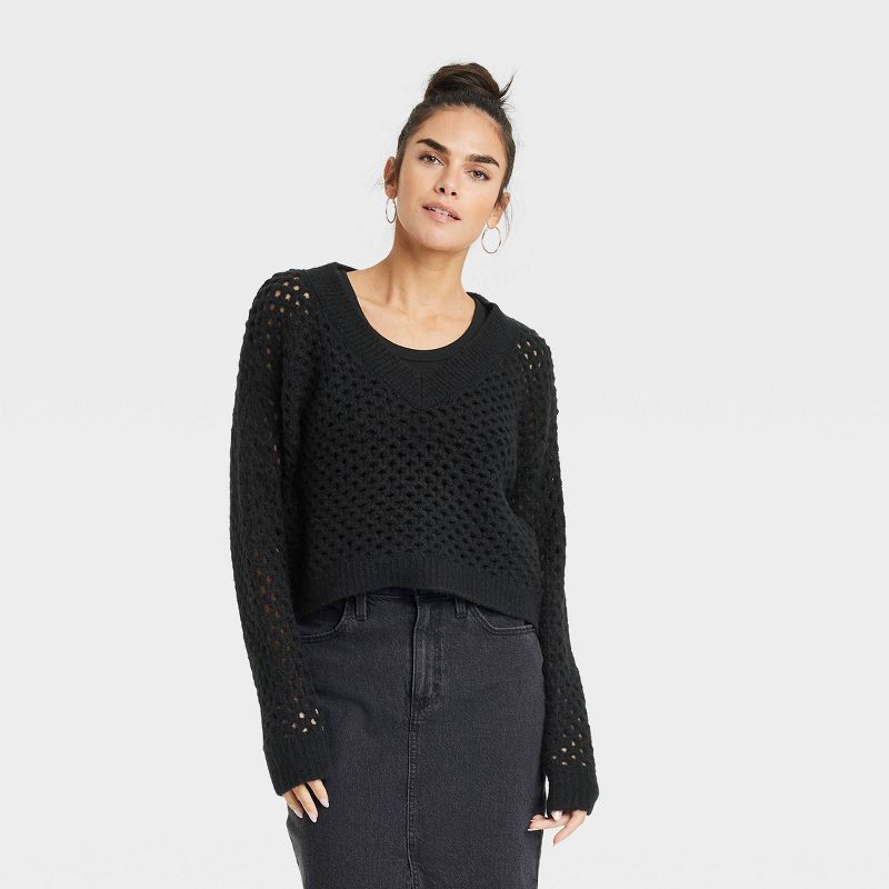 Women's V-Neck Open Work Pullover Sweater - Universal Thread™, 1 of 10