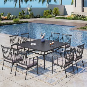 Captiva Designs 9pc Spacious Slat-top Square Metal Table with Umbrella Hole & & Stylish Metal Arm Chairs - 1 of 4