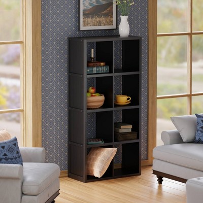 53" Black Wood Transitional 4x2 Cube Shelf with Wainscoting Panels
