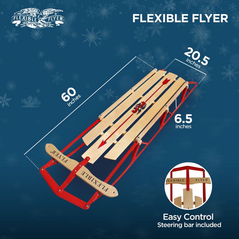 Flexible Flyer 60 Inch Metal Runner Steel and Wood Durable Classic Style Jet Snow Slider Sled for Adult and Kids with Steering Bar, Red, 3 of 7